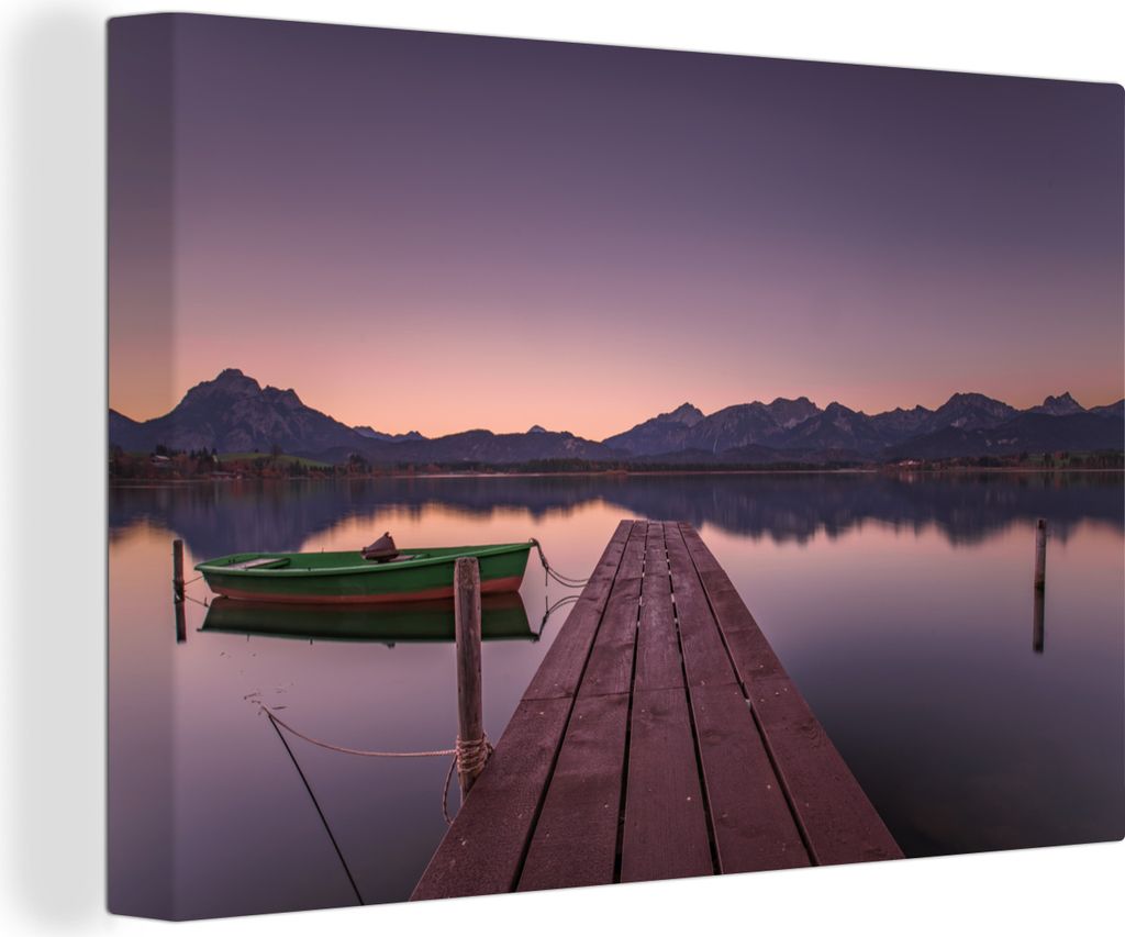 OneMillionCanvasses - Leinwandbilder - 140x90 cm, Ein Boot liegt an der Anlegestelle am Hopfensee, Wandbilder Kunstdruck Wanddekoration - Foto au...