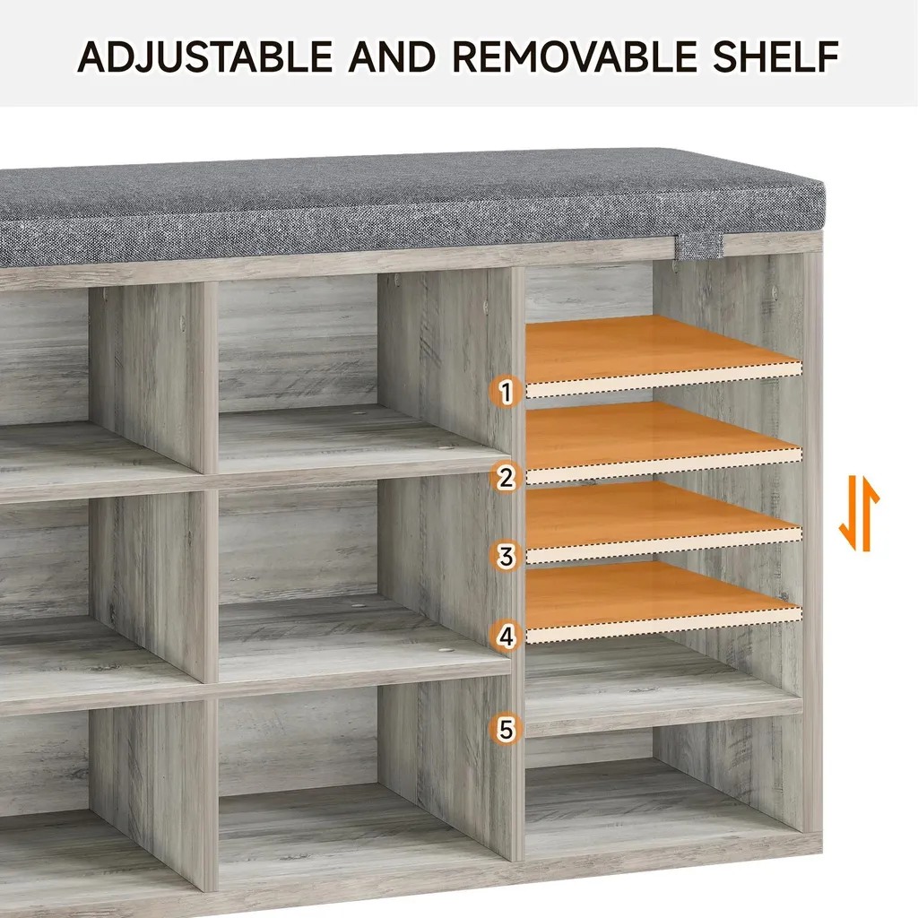 Meuble à chaussures avec banc de rangement et coussin gris pour entrée