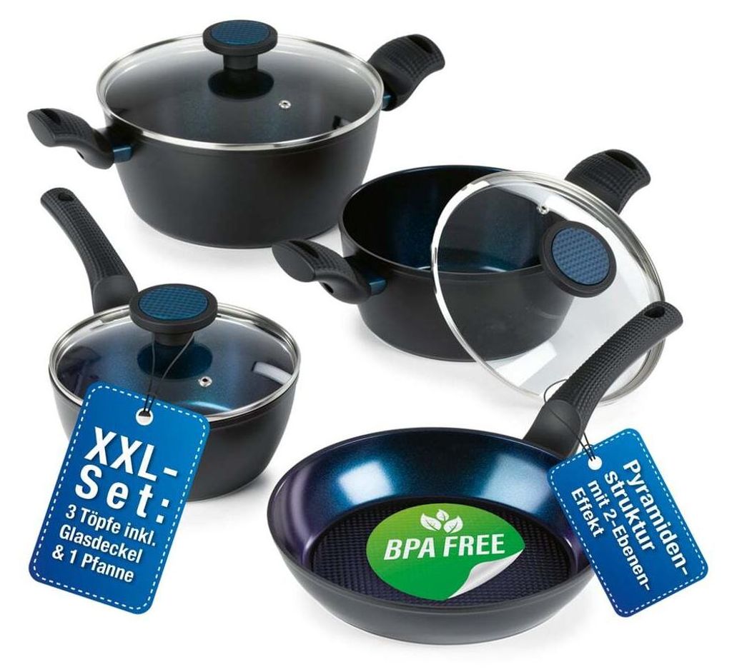 A set of cookware, including pots and a frying pan, arranged on a white background.