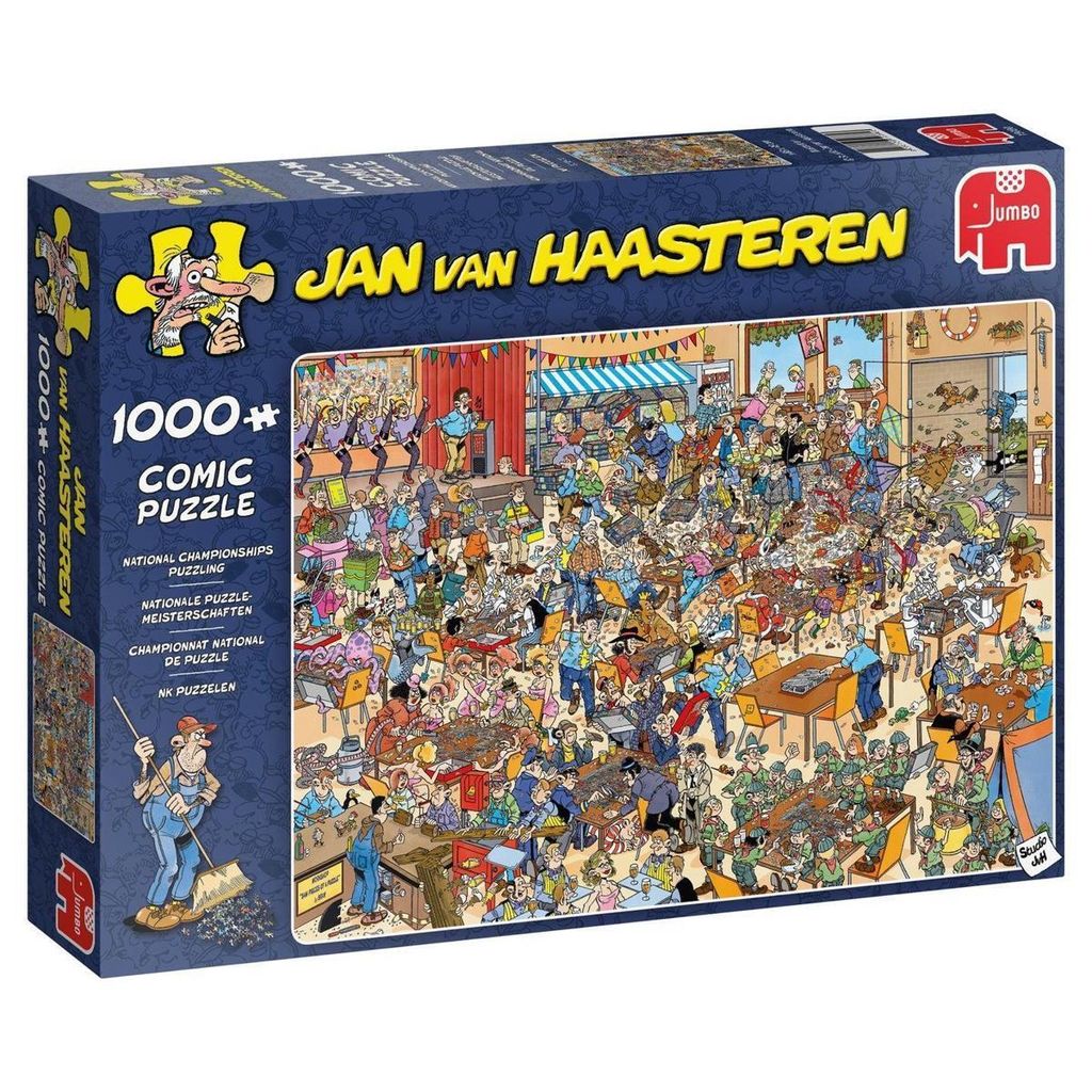 The image shows the front of a puzzle box with a detailed illustration of a crowded scene.