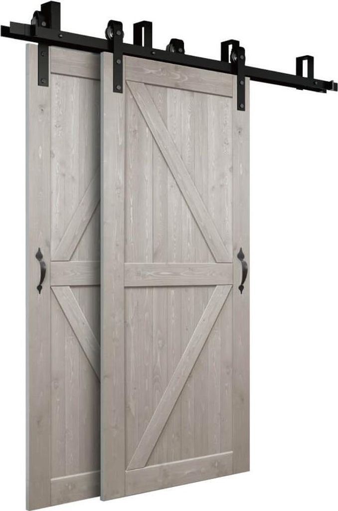 Two sliding barn doors with black hardware against a white background.
