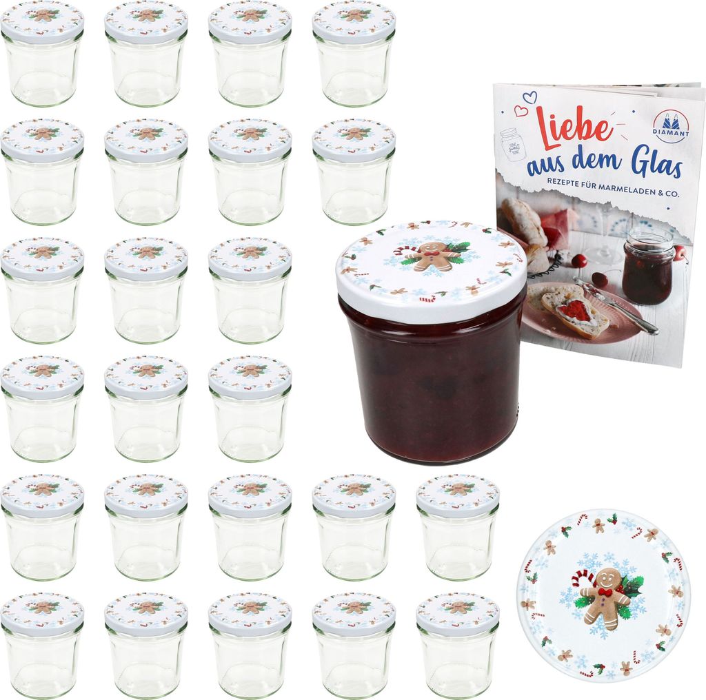 A set of empty jars with decorative lids, a filled jar of jam, and a recipe booklet, arranged on a white background.