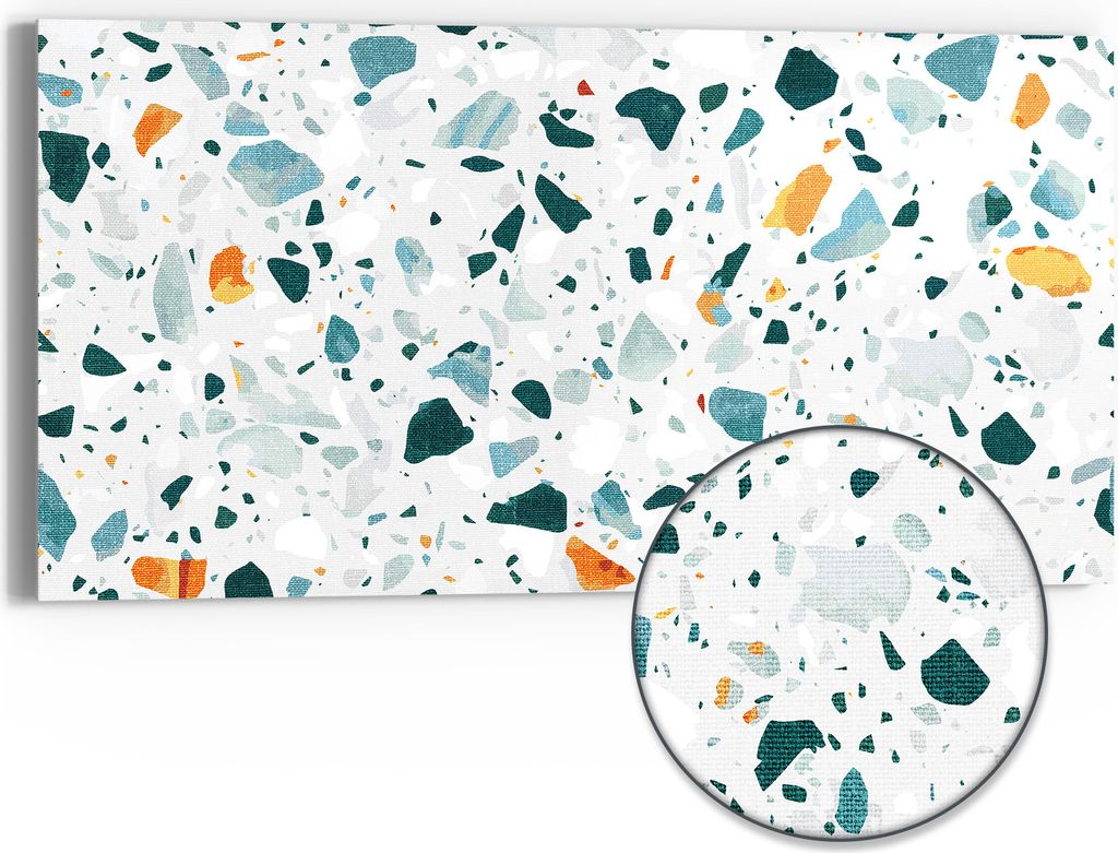 DEQORI Hybrid Leinwand Bild 60x30 cm 'Bunter Terrazzo-Trend' Wandbild Glas flach modern