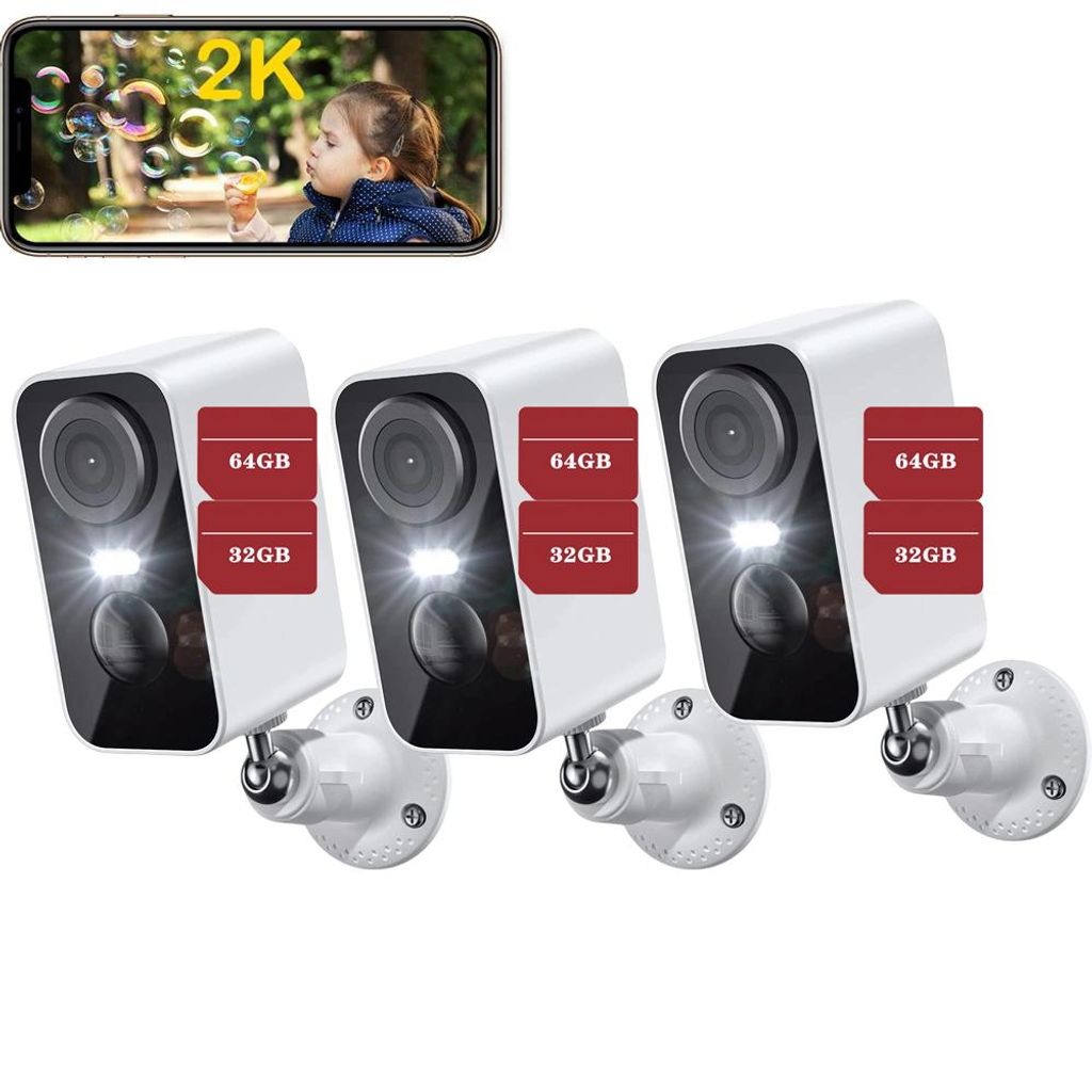 Überwachungskamera Aussen Akku, 2K Kamera Überwachung Kabellos WLAN Außen/Innen 32&64GB Speicher Karte 3 Stücke