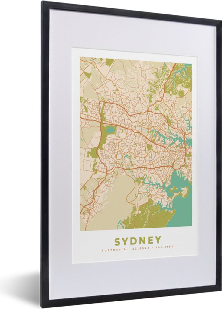 MuchoWow Gerahmtes Poster Sydney - Karte - Vintage - Stadtplan 40x60 cm - Poster mit Schwarzem Bilderrahmen Wandposter Rahmen Foto Bilder - Poste...