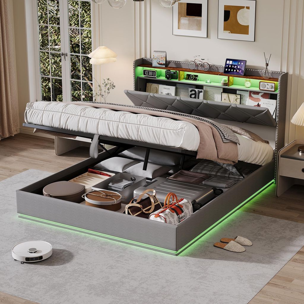 ProximaX Doppelbett 160x200 cm Leinen mit LED, USB-C und Produktbild 