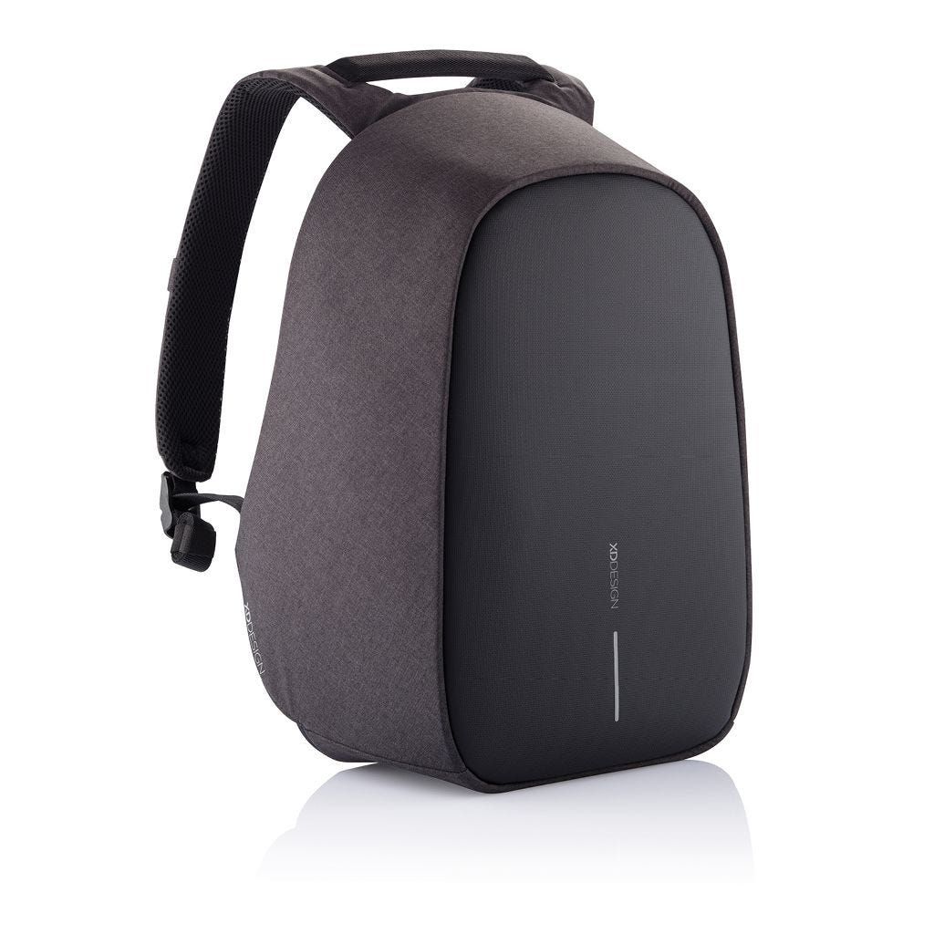 A dark gray and black backpack is shown against a white background.