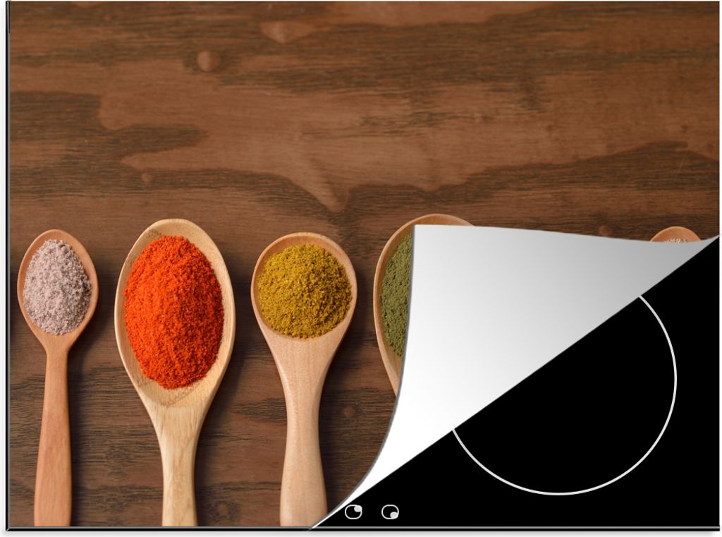 KitchenYeah Herdabdeckplatte Farbige Gewürze auf Löffeln , 60x52cm, Küche Deko, Glaskeramikfeld Herdabdeckung, Abdeckplatte fùr Kochfeld