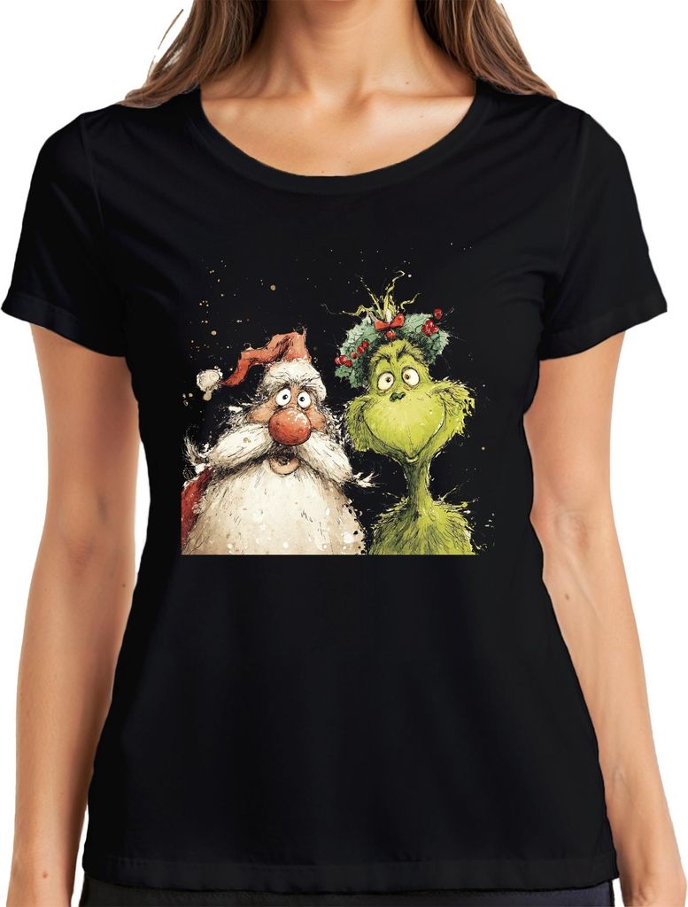 Grinch Weihnachtsmann lustig Weihnachten Geschenk grün Kranz Damen T-Shirt, Schwarz, M