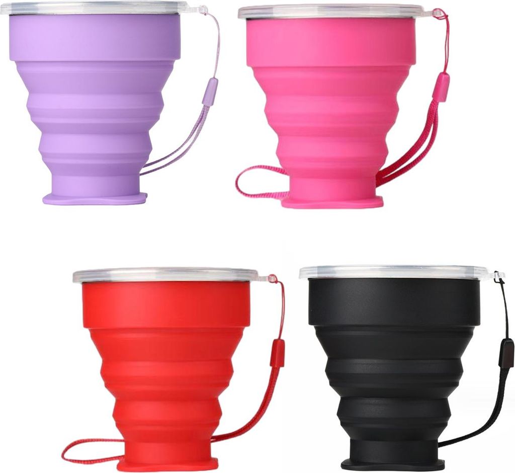 4-teiliges faltbares Reisebecher-Set aus Silikon, faltbarer Campingbecher mit Deckel, erweiterbares Trinkbecher-Set