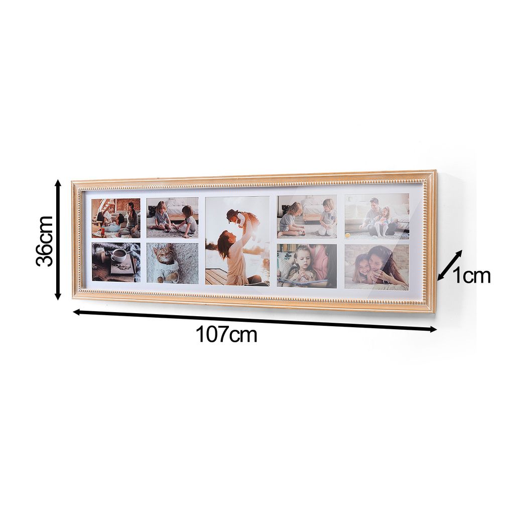 A long, narrow collage picture frame with multiple photo slots, displayed on a white background with dimensions indicated.