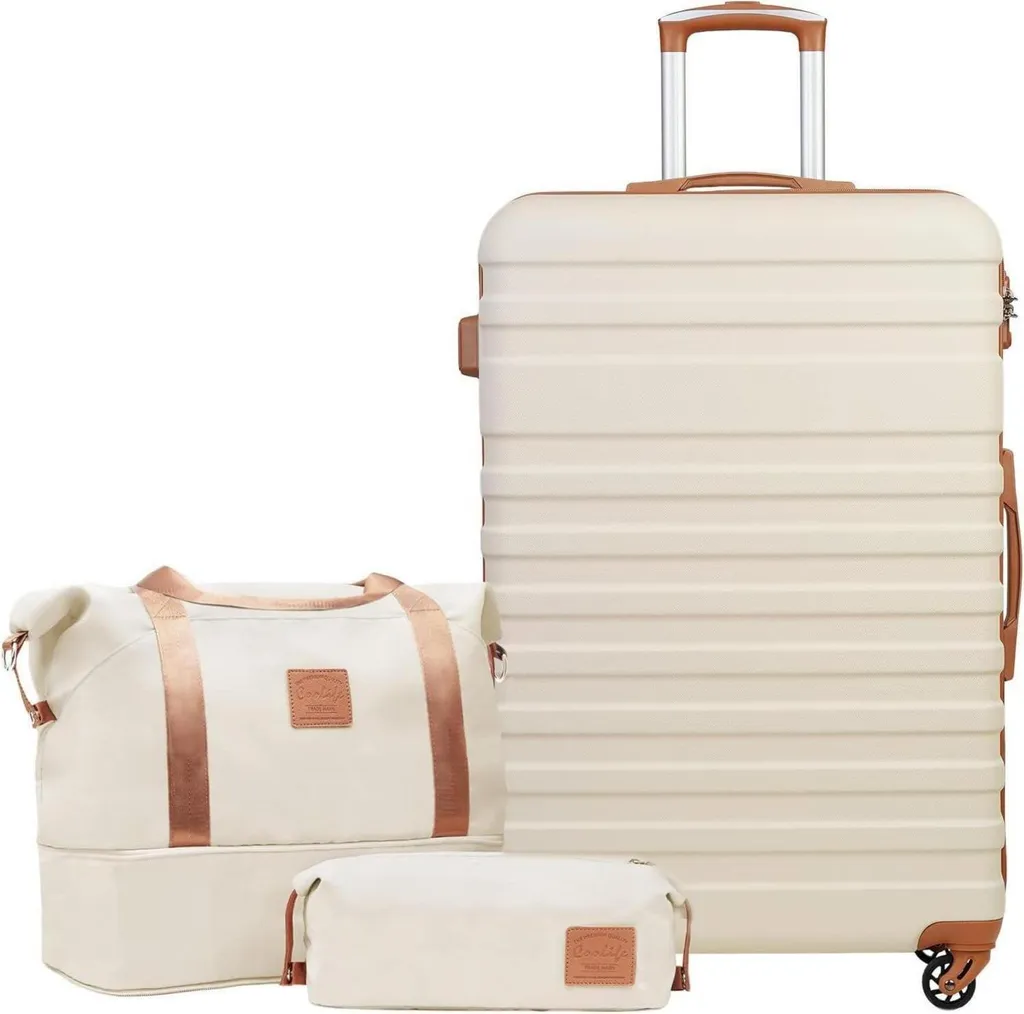 COOLIFE Valise Trolley Set ABS Coque Dur 3pcs TSA Blanc et Brun Vintage