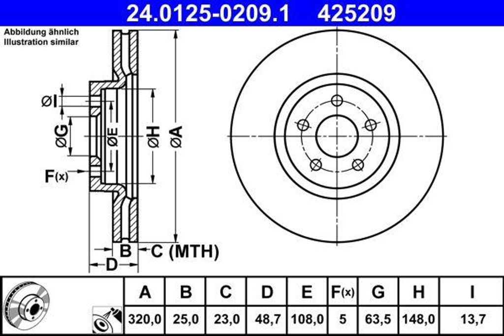 ATE 24.0125-0209.1 Bremsscheibe OE 1770767 kompatibel mit Focus, Kuga, Tourneo, Transit