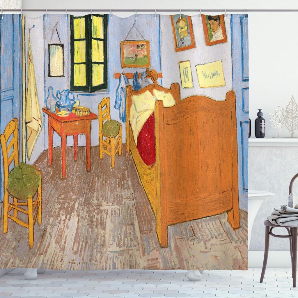 ABAKUHAUS Kunst Duschvorhang, Malerei Style Room Interior mit Bett gehängt Bilder Tabelle und Stühle in der Nähe des Fensters, 175 x 200 cm, Meh...