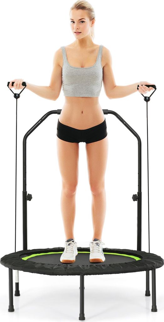 GOPLUS Fitnesstrampolin Indoor, φ101cm mini Trampolin mit verstellbarem Handlauf, klappbares Kindertrampolin bis 150kg belastbar, Grün