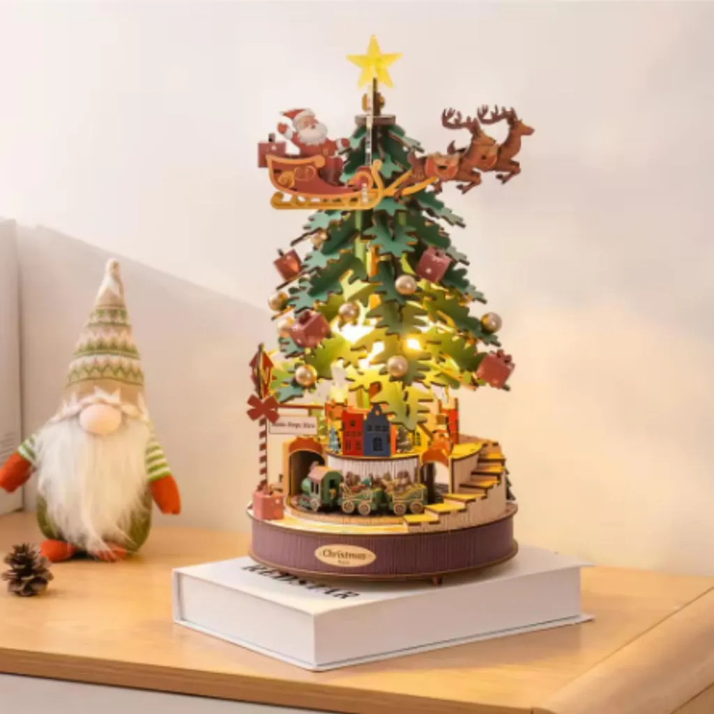 Déco Noël durable : Sapin puzzle 3D en bois réutilisable, musical et LED