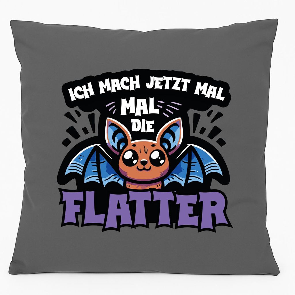 Huuraa Kissen Ich mach jetzt die Flatter Fledermaus 40x40cm mit Füllung Steel Grey Baumwolle Dekokissen Geschenkidee