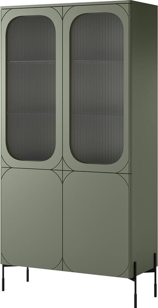 Wohnzimmer-Vitrinenschrank mit 104 cm Breite in grün matt, Ornamentglas Türen, Metallfüße - SPLIT-141