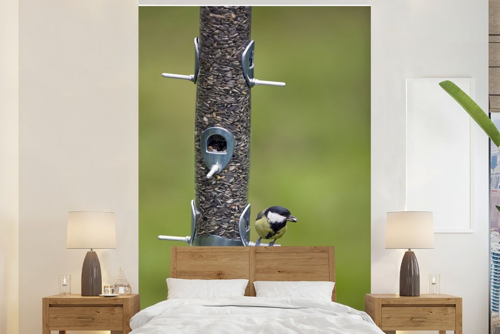 MuchoWow Fototapete für Wohnzimmer oder Schlafzimmer Wandtapete Vinyl Motivtapete Eine Kohlmeise auf Nahrungssuche - 200x300 cm - Wanddekorationen