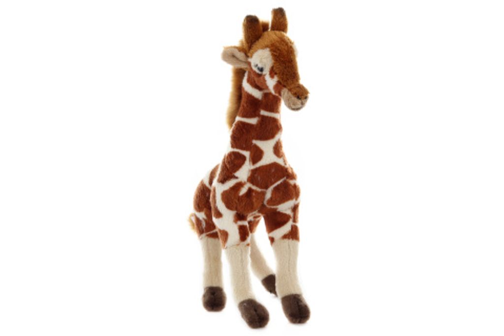 A plush toy giraffe standing against a white background.