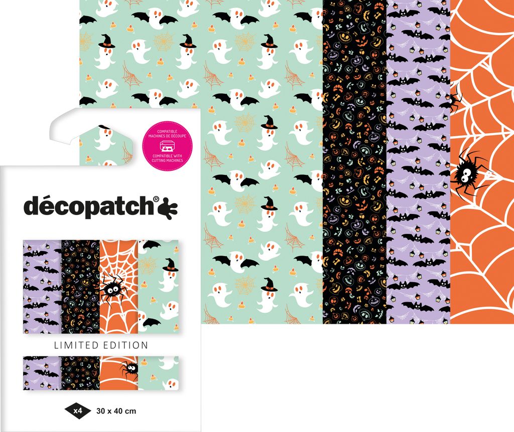 Décopatch Pocket Hot-Foil Collection "Halloween Spinnen und Fledermäuse", 4er Set, 30 x 40 cm