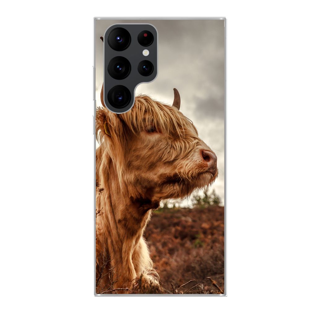 MuchoWow Handyhülle Schutzhülle Hülle für Samsung Galaxy S22 Ultra Scottish Highlander - Strauch - Heidekraut Silikon Softcase Handy Hülle -...