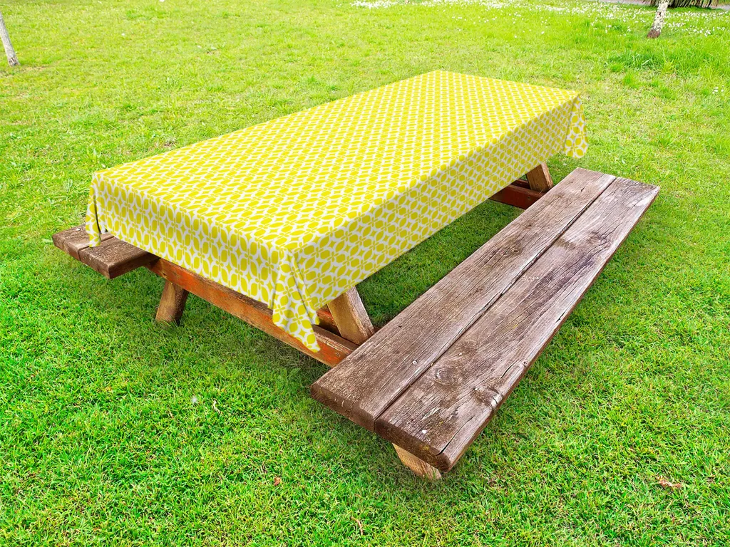 ABAKUHAUS Tovaglia da esterno gialla e bianca, decorazione geometrica con motivi floreali, mosaico retrò semplificato, giallo e bianco, 145x305 cm