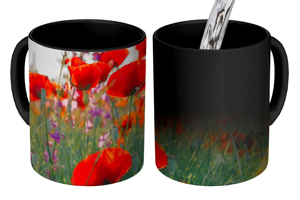 KitchenYeah Zauber Tasse Zaubertasse Magic Mohn - Blumen - Rot - Lila - Wiese 350 ml Farbwechsel Becher Geschenk Geschenkidee - Magic-Tasse - Fot...