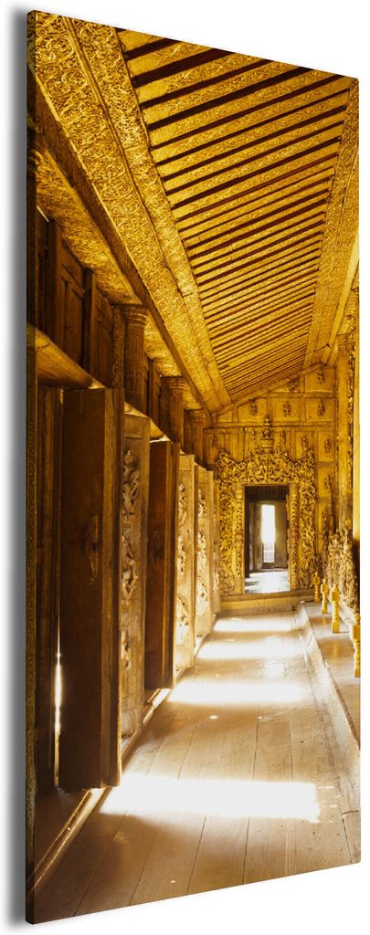 Wallario Premium Leinwandbild Buddhistischer Tempel aus Holz - Mandaley in Größe 30 x 75 cm