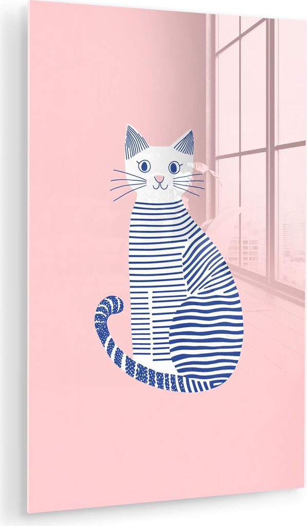 MuchoWow Glasbilder - Bilder auf Wandbild - Foto auf Glas Katze - Illustration - Minimalistisch - Rosa 20x30 cm Wanddekoration aus Glas - Acrylglas...
