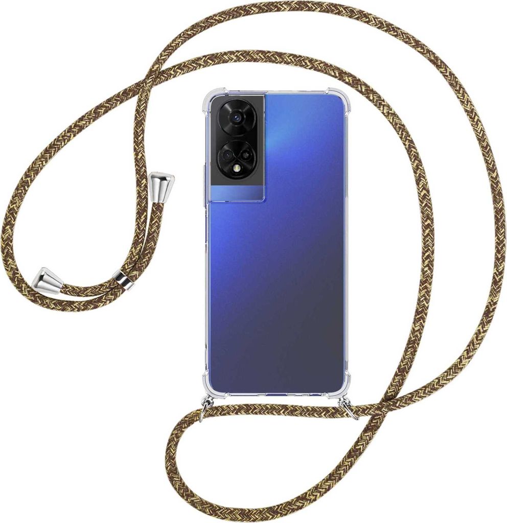 Handykette Backcover-Schutzhülle mit Band (Metall silberfarben) für TCL 50 5G - braun+beige