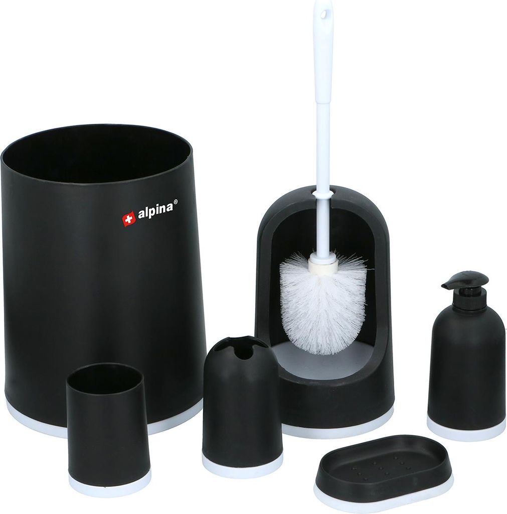 6-teiliges Badezimmer-Set in schwarz mit Zahnputzbecher, Zahnbürstenhalter, Seifenspender, Seifenschale, Toilettenbürste mit Halter und Abfallbeh...