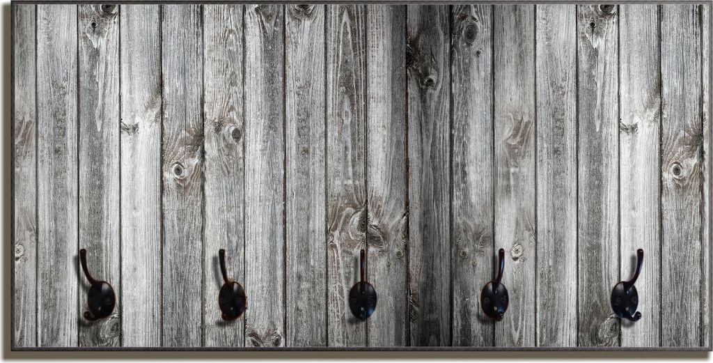 Wallario Flurgarderobe Wandgarderobe aus Holz, mit 5 Haken, Größe 80 x 40 cm, Motiv Holz-Optik Textur hellgraues Holz Paneele Dielen mit Asteinsc...