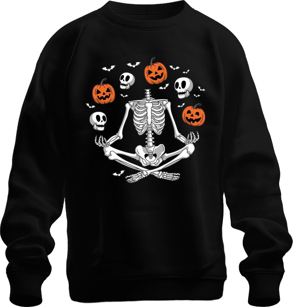 Halloween Skelett Yoga Meditation Kürbis Totenkopf Fledermaus Uni Sweatshirt Pullover, Schwarz, S