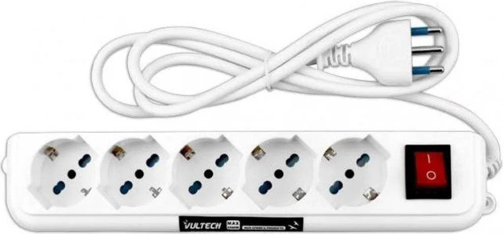 Vultech MU-01 Multipresa 5 Prese con Interruttore On/Off Bianco Cavo 1,5m 2500W