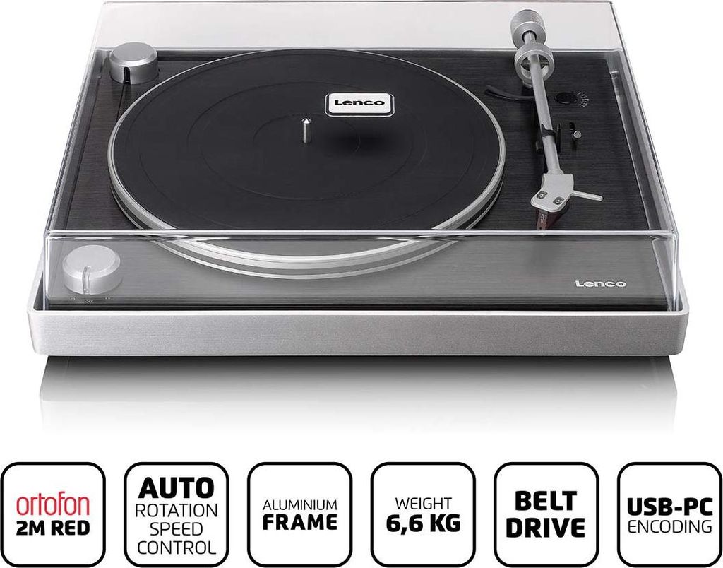 Lenco L-455BK - Plattenspieler mit sichtbarem Riemenantrieb, Rahmen aus gebürstetem Aluminium und Ortofon 2M RED Tonabnehmer - Schwarz