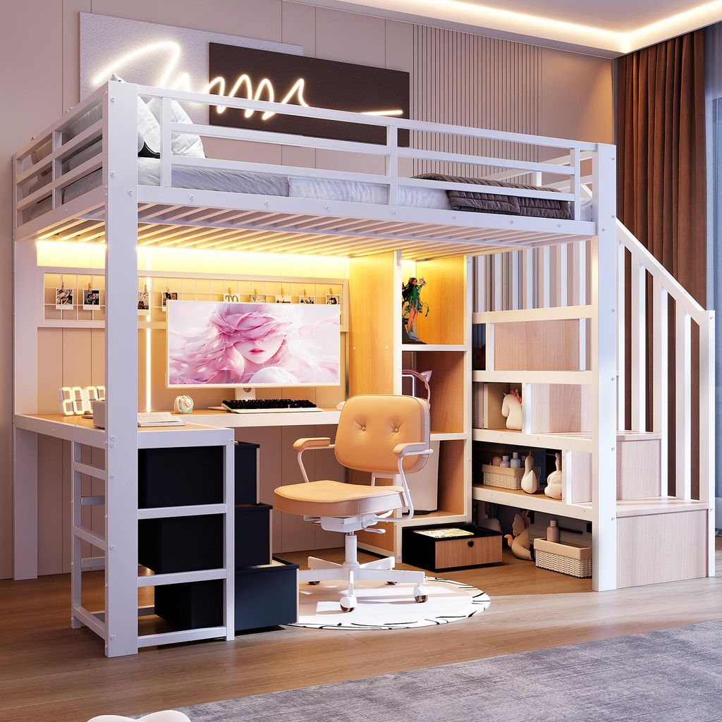 Hochbett 90 x 200 cm mit Schreibtisch, LED-Lichtleiste, Produktbild 