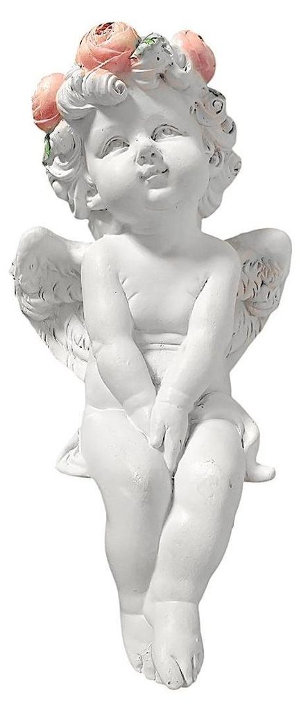 Art Sacrum Engelfigur sitzend, 18 cm, Weiß, mit Blumenkranz fürs Regal