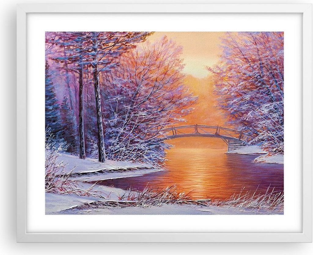 Gerahmtes Poster - Weißer Rahmen - Brücke Schnee Wald - 50x40 cm - Wand Bild - Wanddeko - Wandbilder - Kunstposter - Wandposter - Bilderrahmen - ...
