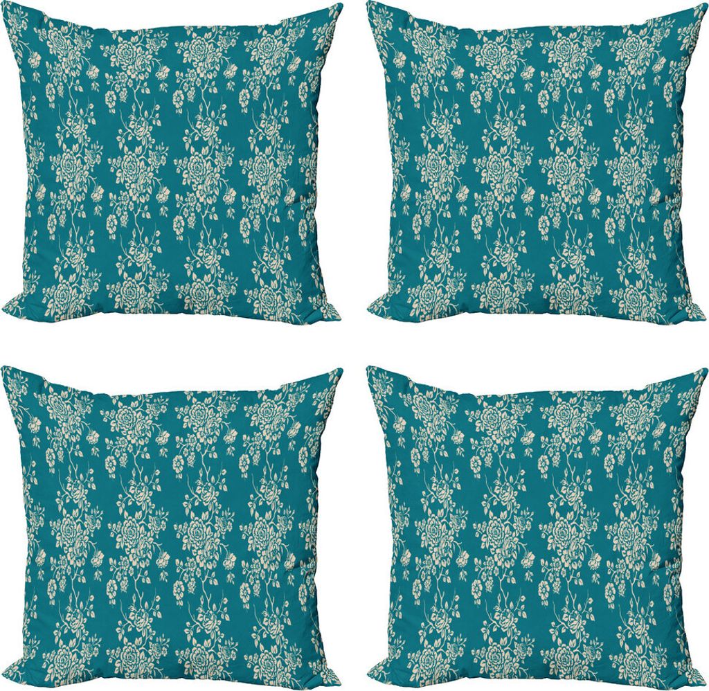 ABAKUHAUS Blatt Kissenbezug Set (4 Stück), Rosen auf Blühende Zweige, Moderner Doppelseitiger Digitaldruck, 60 cm x 60 cm, Teal Beige
