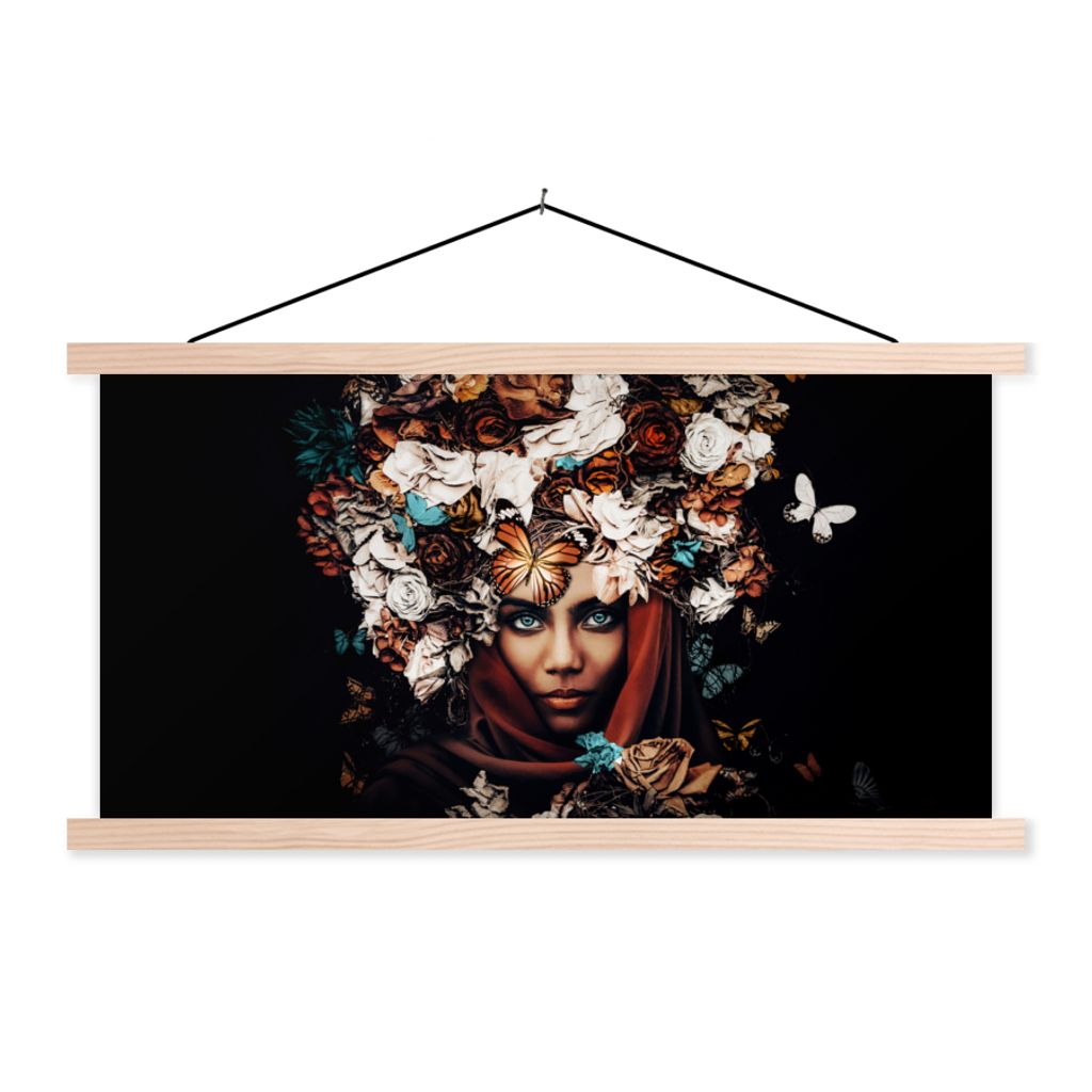 MuchoWow Textilposter Blumen - Schmetterling - Frauen - Kopftuch 150x75 cm mit holzfarbenen Rahmen - Plakate