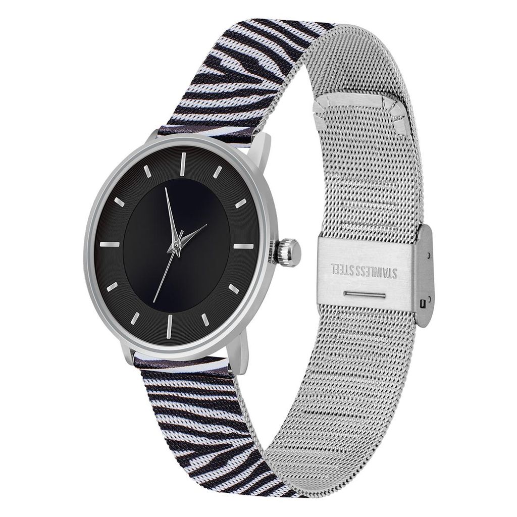 Damen Armbanduhr Zebra schwarz weiss animal print Edelstahl Produktbild 