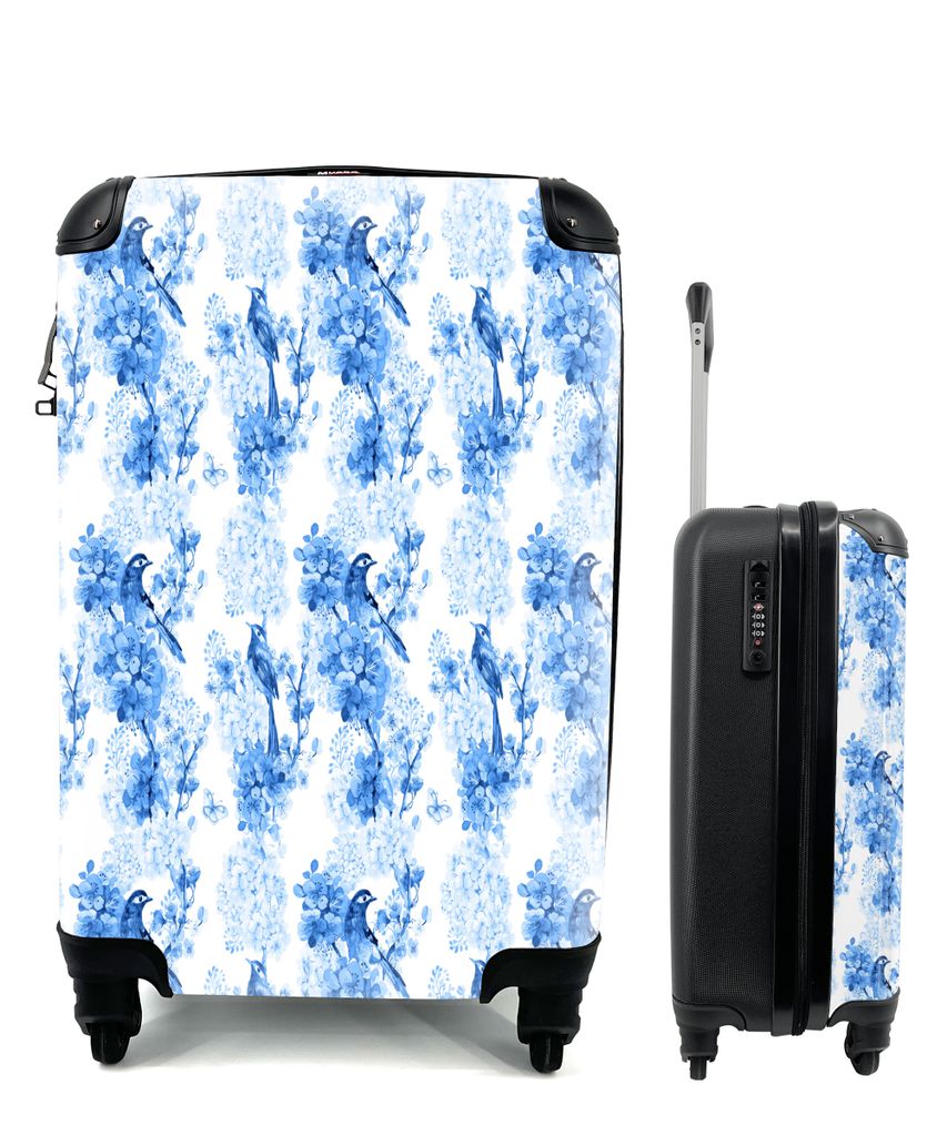 MuchoWow Koffer Handgepäck Trolley Rollkoffer Kleine Reisekoffer mit 4 Rollen - Blumen - Blüte - Collage - Blau - Cabin Size < 55x40x23 cm & 55...