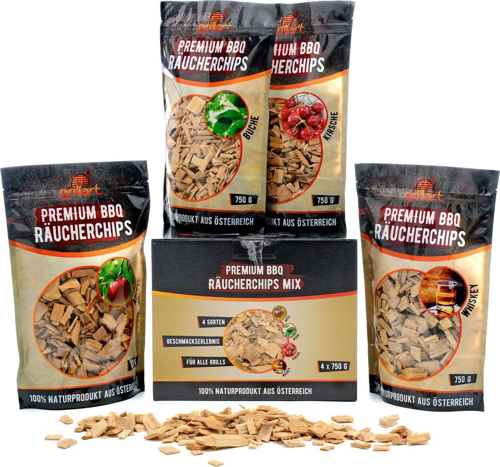 A collection of premium BBQ smoking chips in various flavors, presented in their packaging and with some loose chips scattered in the foreground.