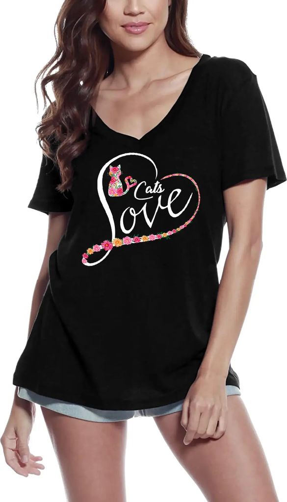 Damen Grafik T-Shirt V-Ausschnitt Katzen lieben – Cats Love – Öko-Verantwortlich Vintage Jahrgang Kurzarm Lustige Druck Geburtstag Geschenk Frau