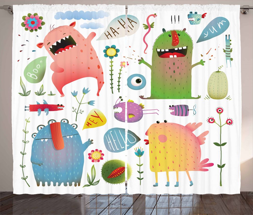 ABAKUHAUS Monster Rustikaler Gardine, Alien Creatures, Schlafzimmer Kräuselband Vorhang mit Schlaufen und Haken, 280 x 245 cm, Mehrfarbig