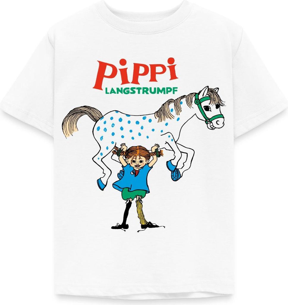 Spreadshirt Pippi Langstrumpf Pippi Hebt Kleiner Onkel Kinder T-Shirt, 110/116 (5-6 Jahre), Weiß