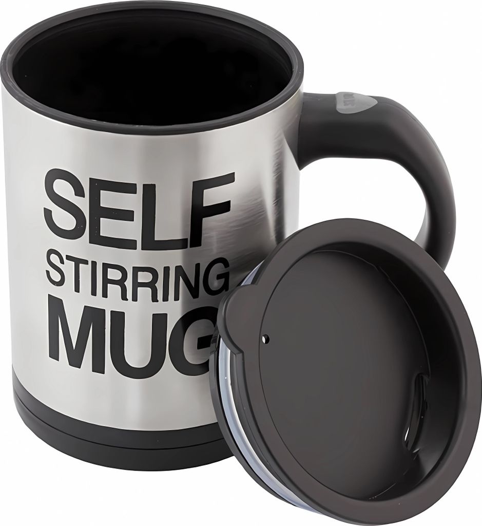 A self-stirring mug with its lid off, placed on a white background.