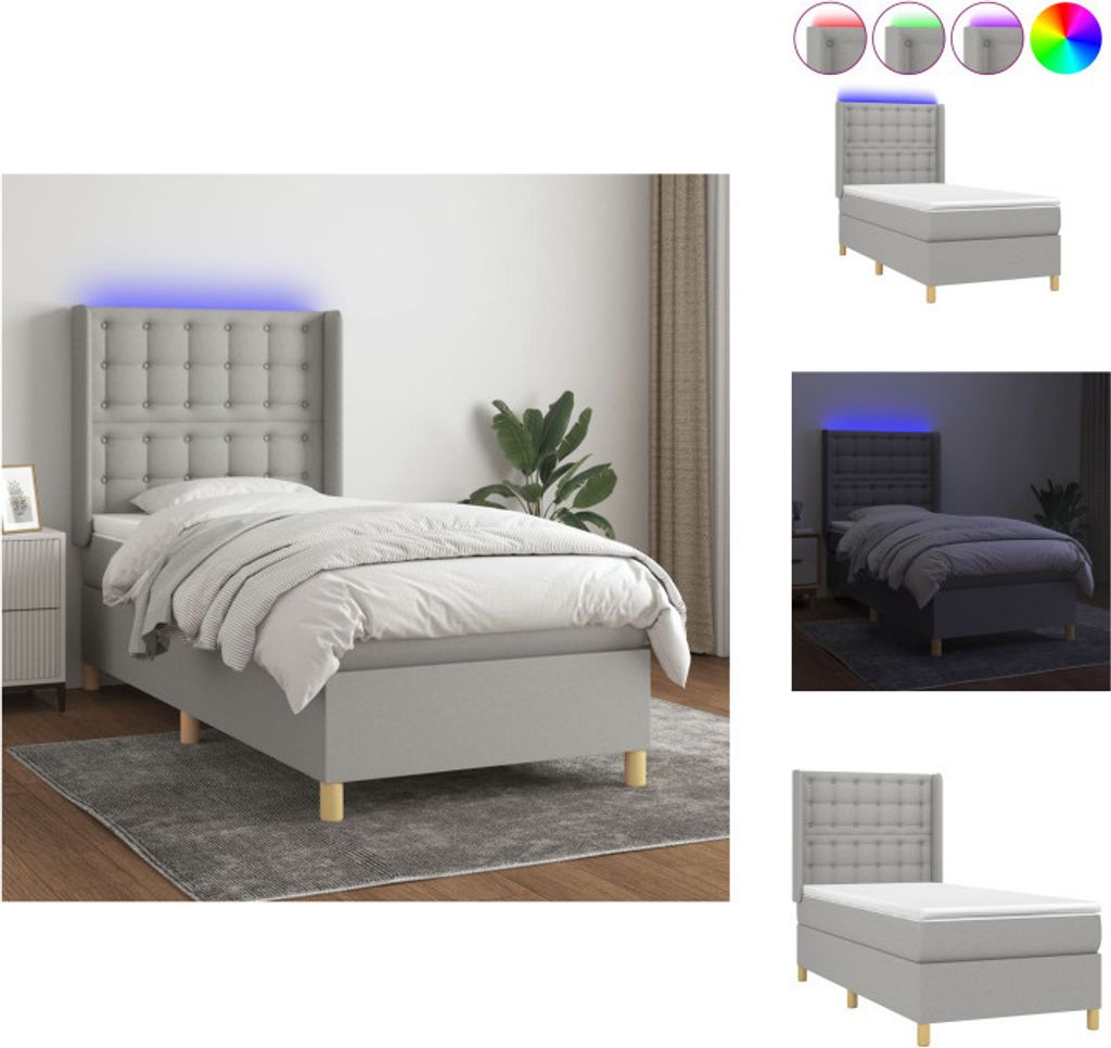 vidaXL Boxspringbett mit Matratze & LED Hellgrau 90x200 cm Stoff - Betten & Bettgestelle
