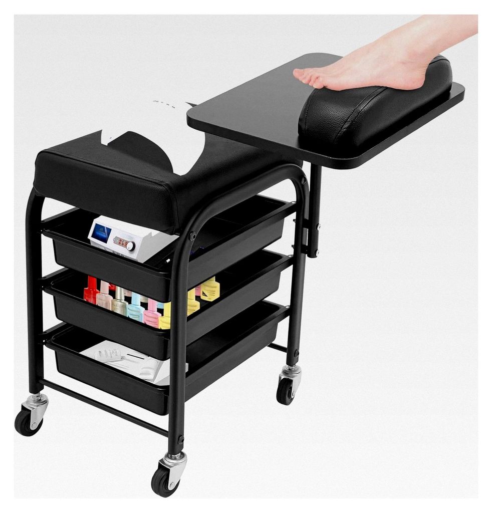 Friseurwagen mit Rollen und 3 Schubladen für Schönheitssalons, Trolley mit Sitzkissen und 360° drehbarer Handstütze (Schwarz)